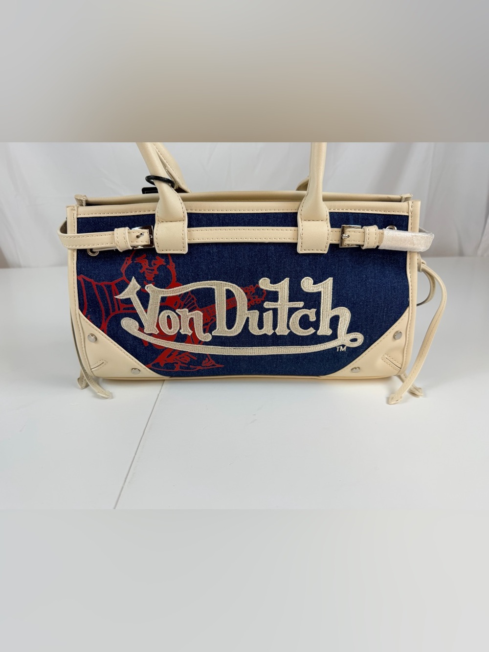 Von Dutch x True Religion Lane Shoulder bag Cream & Navy Denim Logo NWT Y2K